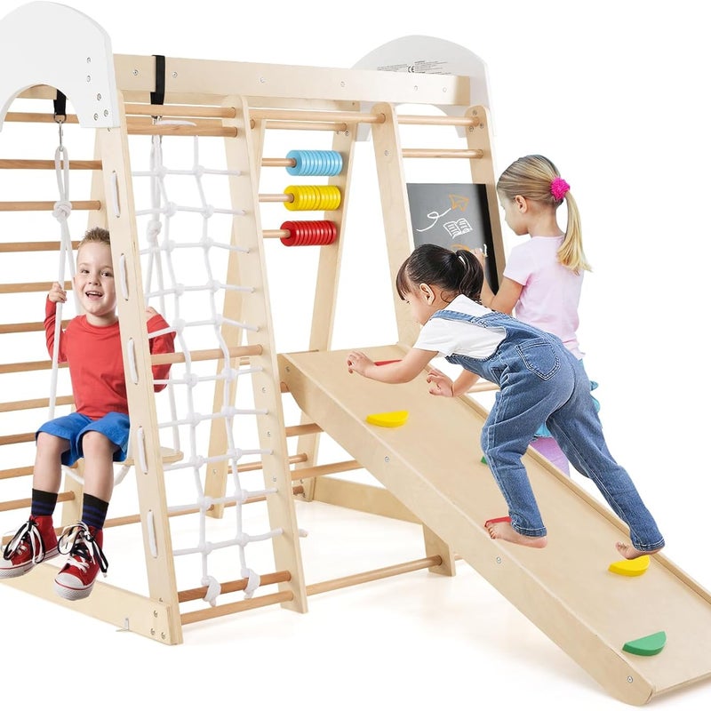 8 w 1 Drewniana Konstrukcja do Zabawy dla Dzieci z Zjeżdżalnią, Konikiem, Zestawem do Liczenia dla Dzieci w Wieku 3+ Lat, 124x119x138 cm (Naturalna)