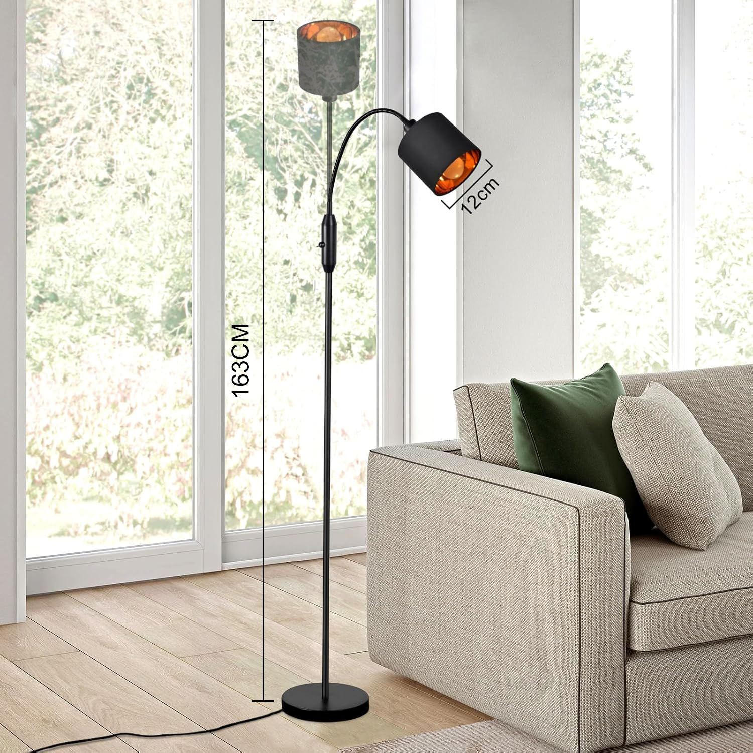NETTLIFE Czarna lampa podłogowa do salonu w stylu vintage, nowoczesna tkanina podłogowa z kątem obrotu 360°, przełącznik kołyskowy E14, bez żarówki. - 8