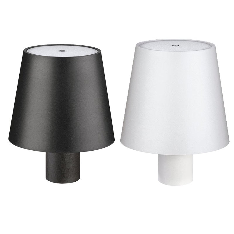 Zestaw 2 przenośnych, trójkolorowych, cylindrycznych lamp stołowych, akumulatorowych i regulowanych, biało-czarnych
