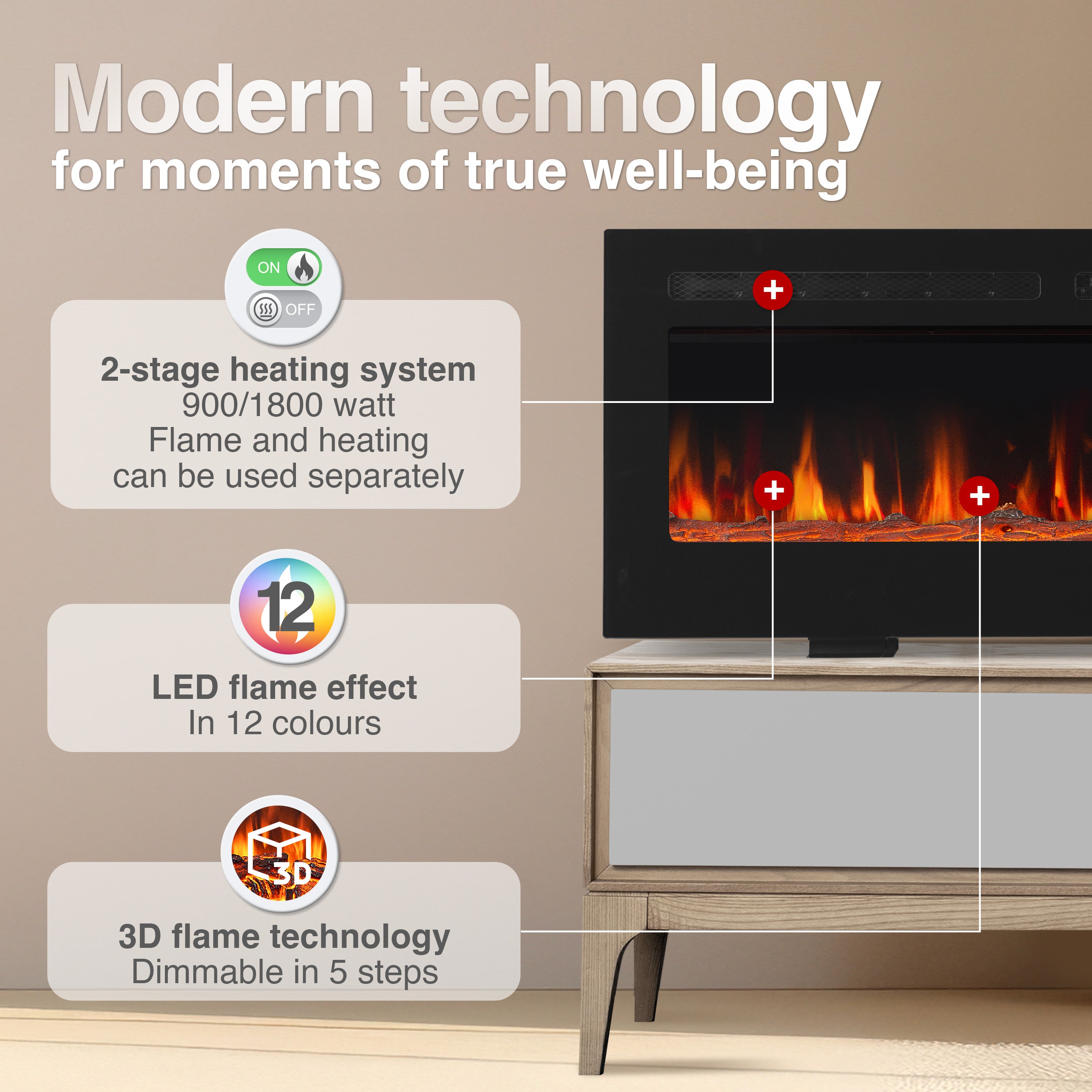 KAMINIO Chimenea eléctrica MARLON - Chimenea eléctrica 3 en 1 con calentador, efecto de llama 3D, 12 colores de llama, control remoto - 50 pulgadas - 3
