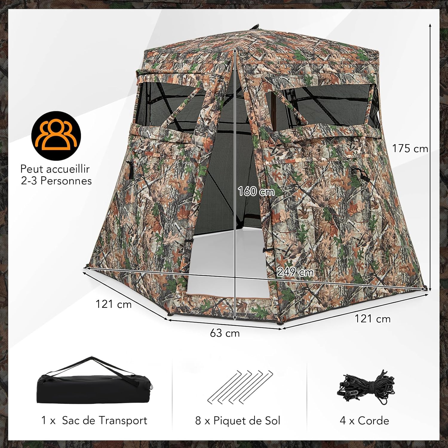 Tenda da Caccia per 2-3 Persone, Tenda Mimetica a Visione a 360° Trasparente per Caccia, Tenda Pop-Up Camouflage con Borsa da Trasporto, Attre - 4