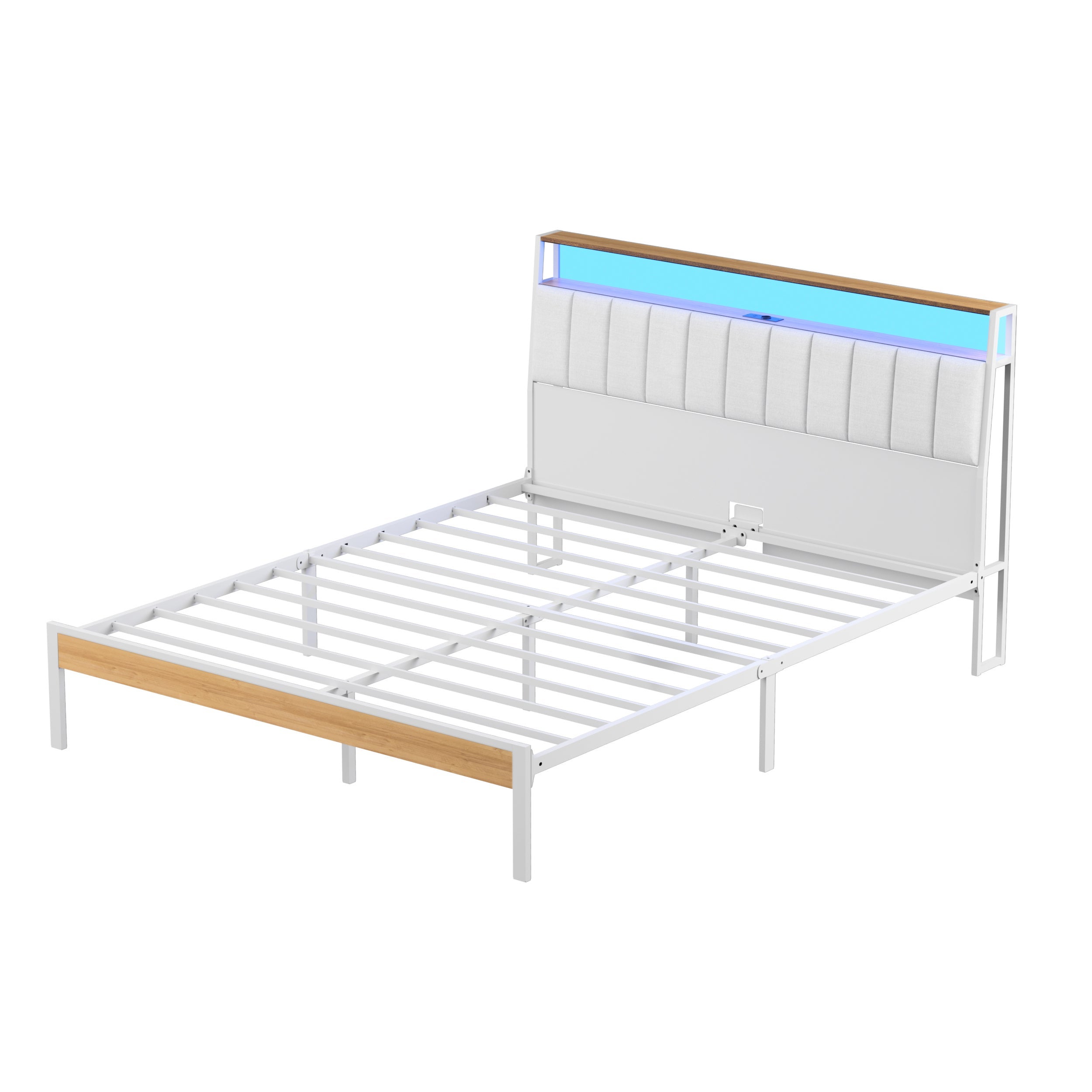 Cadre De Lit Double 140x200cm Métal Avec Lumières LED Et Prises - Casiers De Rangement - Beige - Dewinner