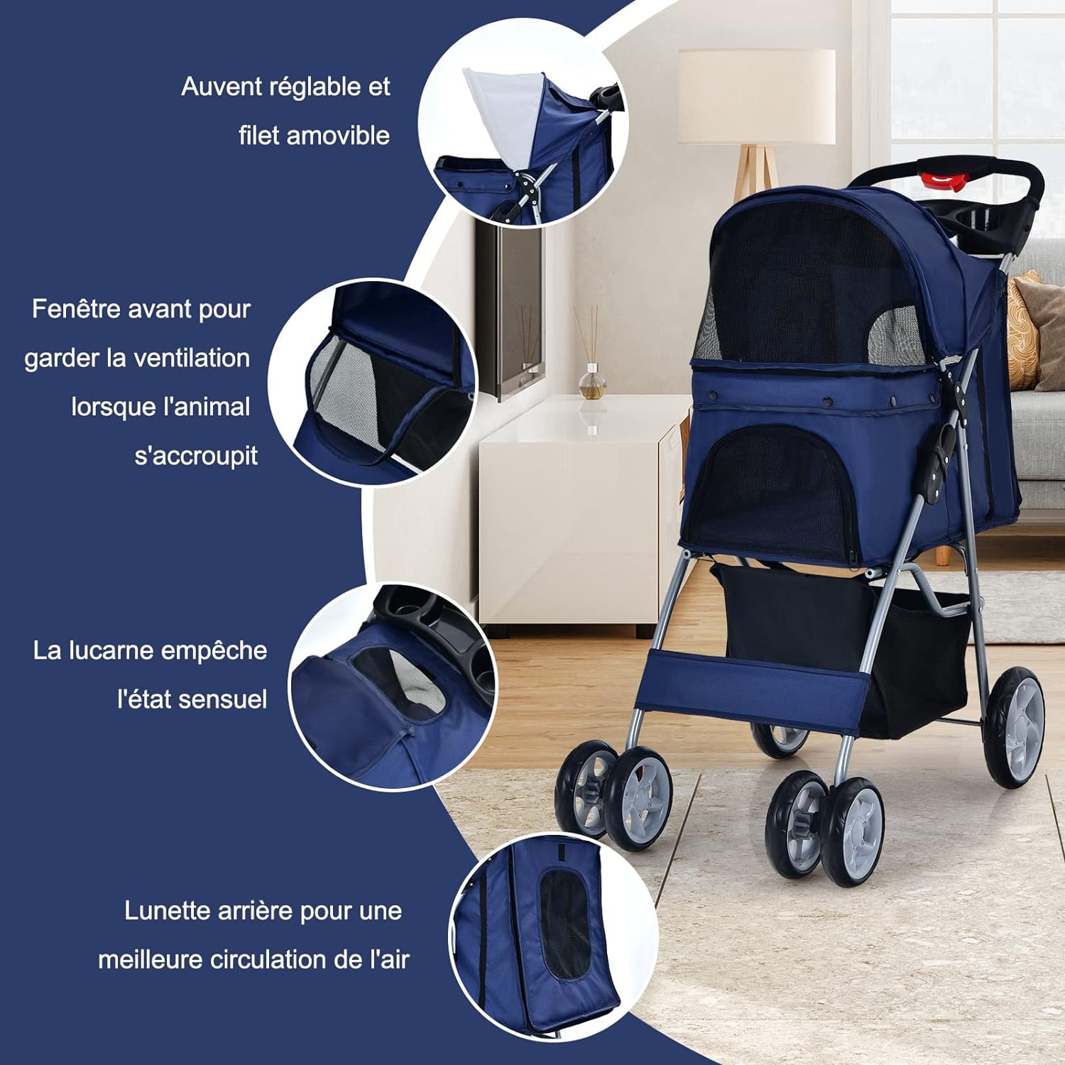 Passeggino per Cani Pieghevole, Carrozzina per Cani a 4 Ruote con Finestra a Rete Porta Bicchiere e Cesto, Passeggino Portatile per Animali Pi - 2