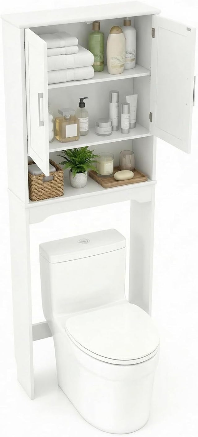 Mueble de almacenamiento para colocar sobre el inodoro o la lavadora, mueble de baño con 2 puertas y estante ajustable, armario de baño (Blanco 1)