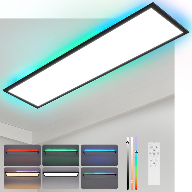 Panel LED NETTLIFE 120 x 30 cm, ściemnialny, długi, płaski sufitowy, kolor RGB, z pilotem, 36 W, czarny, prostokątny