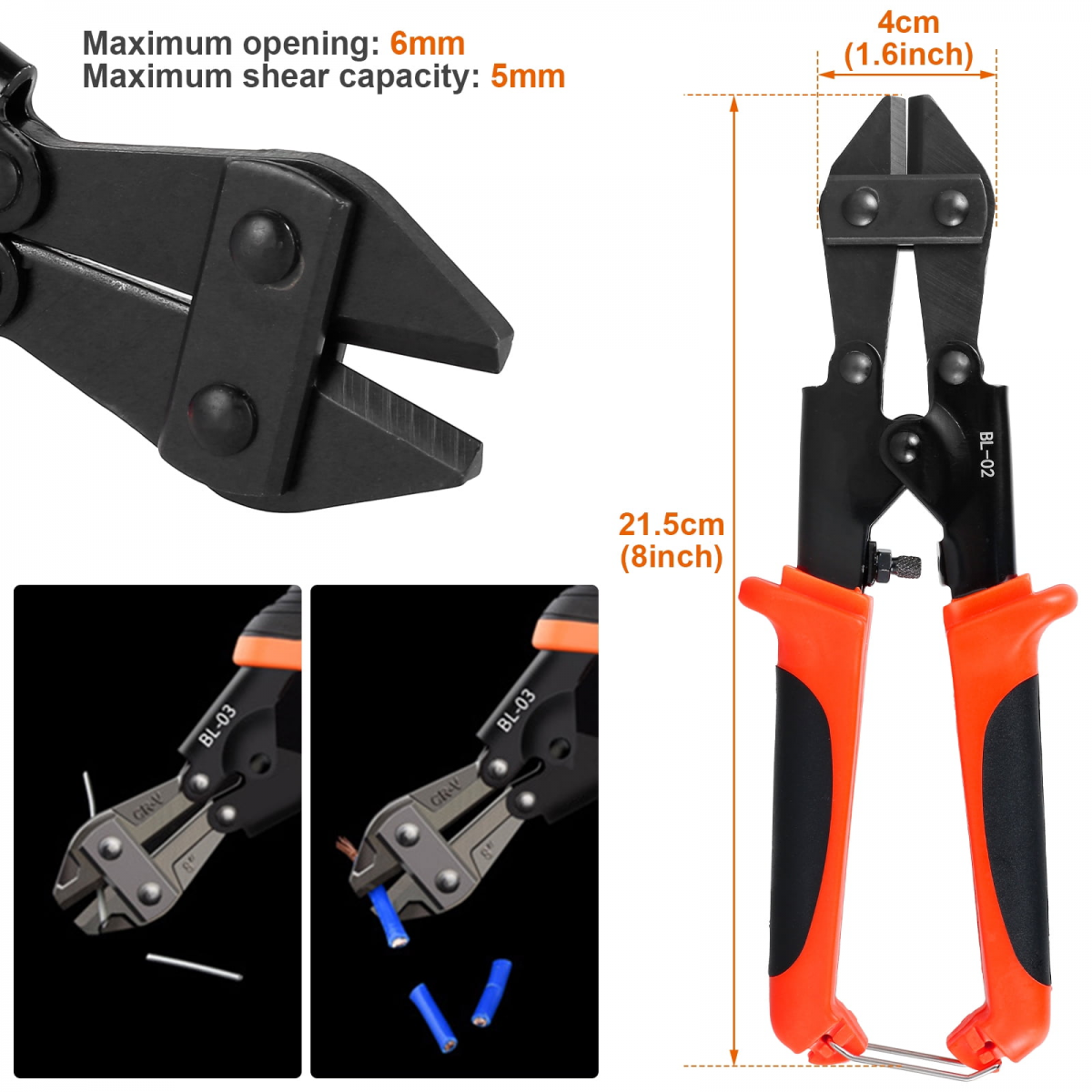 Tronchesi per bulloni resistenti da 20 cm (8 pollici) con impugnature ergonomiche antiscivolo per tagliare chiodi, filo spinato e viti ad alta - 3