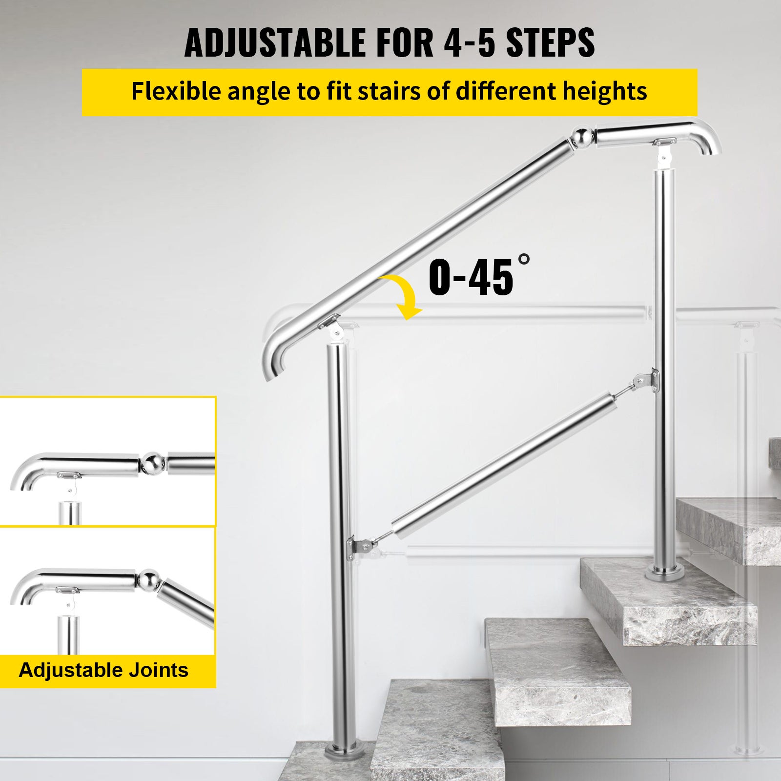 Main Courante en Acier Inoxydable VEVOR 4-5 Marches Capacité 200 kg Rampe d'Escalier Angle Réglable de 0-45° pour Jardin Extérieur et Intérieur - 3