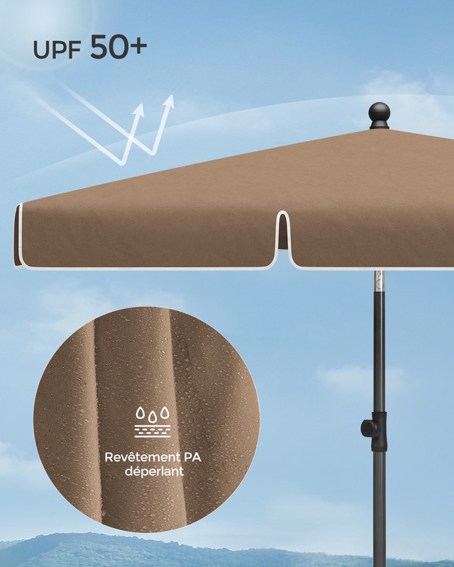 Parasol 200 x 125 cm, Protection Solaire UPF 50+, Inclinable sur 30° dans les 2 sens, Hauteur Réglable, avec Sac de Transport, Marron Noisette - 6