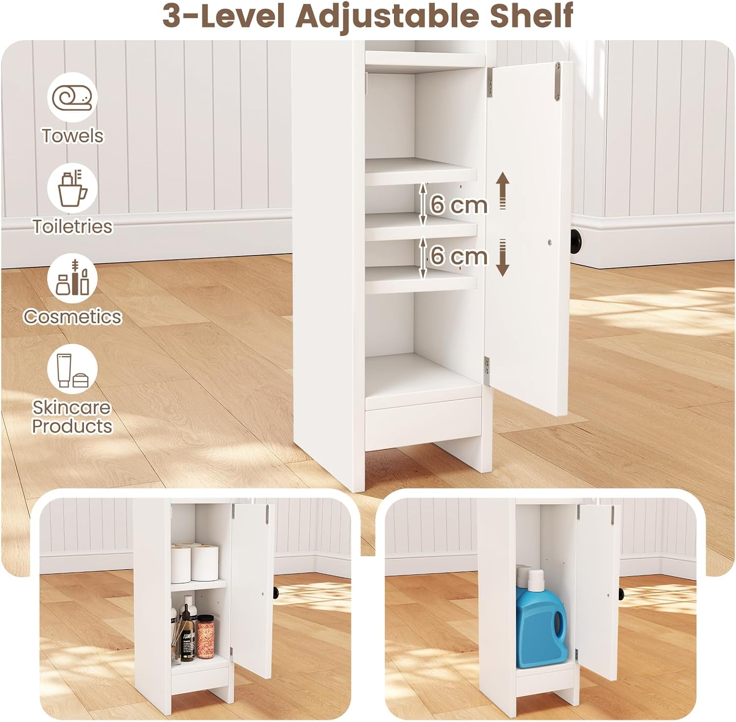 LIFEZEAL Armoire de Rangement Salle de Bain Étroite, avec Porte Fermée et Étagères Réglables, Meuble de Rangement pour Salle de Bain，Blanc - 5