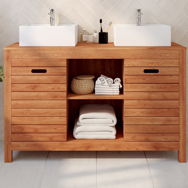 Szafka łazienkowa z drewna akacjowego z pojedynczą umywalką - 130 cm - PULUKAN