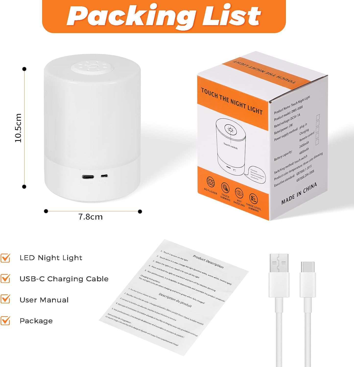 Lampka nocna LED z funkcją dotykową, ładowalna, USB-C, bezprzewodowa, idealna do pokoju dziecięcego, ściemnialna - 2