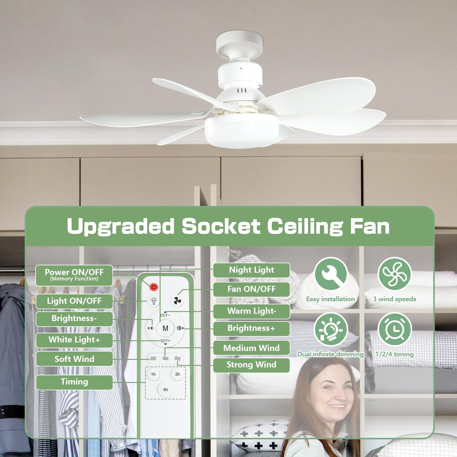 Ventilateur de plafond avec lumière et télécommande, ventilateur de plafond LED dimmable 40 W avec douille E27, 6 pales, 3 vitesses, minuterie - 2