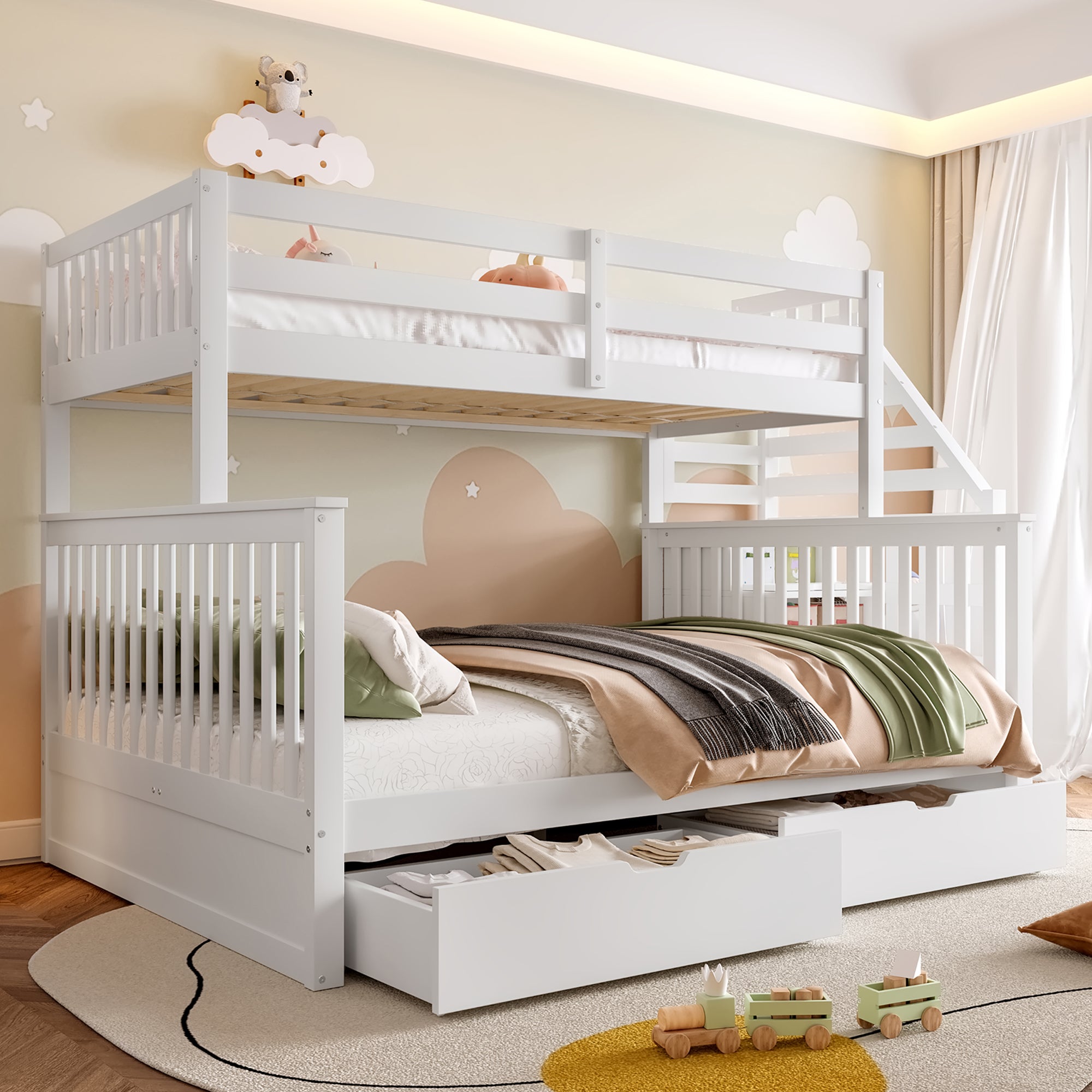 Lit superposé enfant 90x200cm et 140x200cm avec 2 tiroirs et un escalier de rangement, bois, blanc - 5
