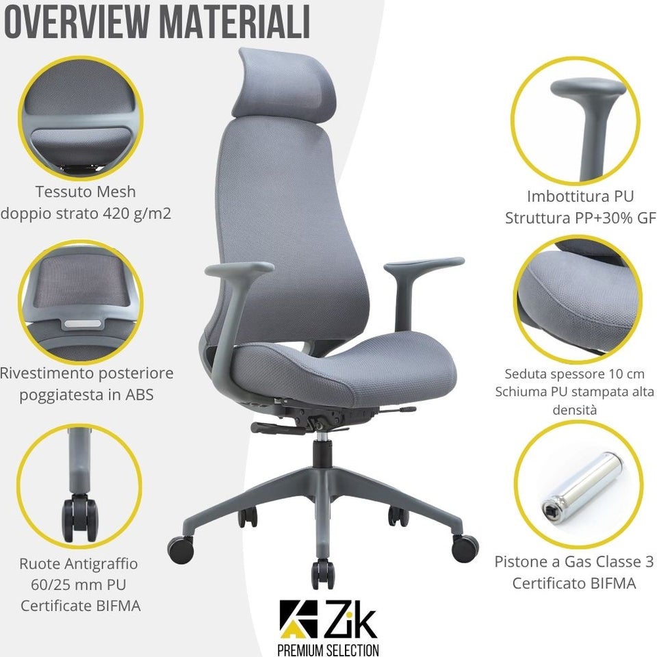 Fauteuil de bureau ergonomique pivotant, avec accoudoirs et appui-tête, assise coulissante et soutien lombaire, dossier oscillant, réglable - ZIK - 8