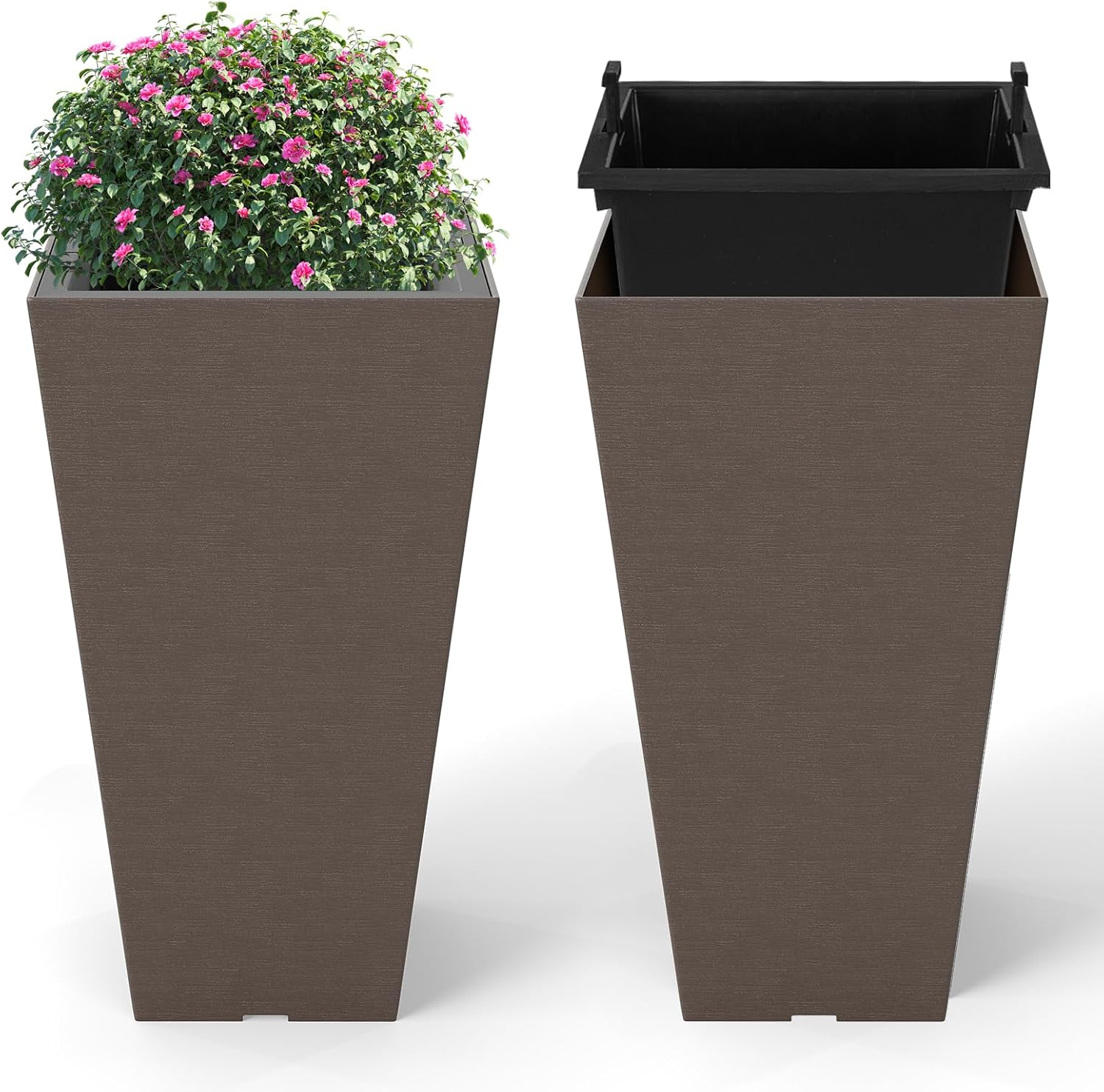 2 Sztuki Kwadratowych Doniczek Zewnętrznych, Wewnętrzne z Automatycznym Nawadnianiem, Otworami Drenażowymi i Wyjmowanym Wkładem (30x30x75cm)