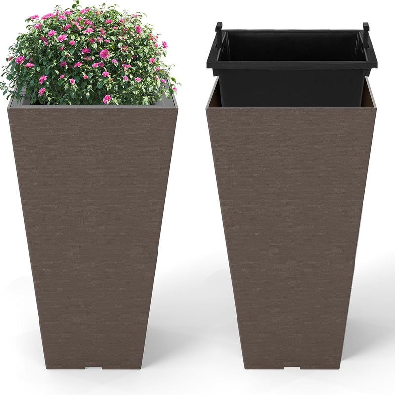 2 Sztuki Kwadratowych Doniczek Zewnętrznych, Wewnętrzne z Automatycznym Nawadnianiem, Otworami Drenażowymi i Wyjmowanym Wkładem (30x30x75cm)