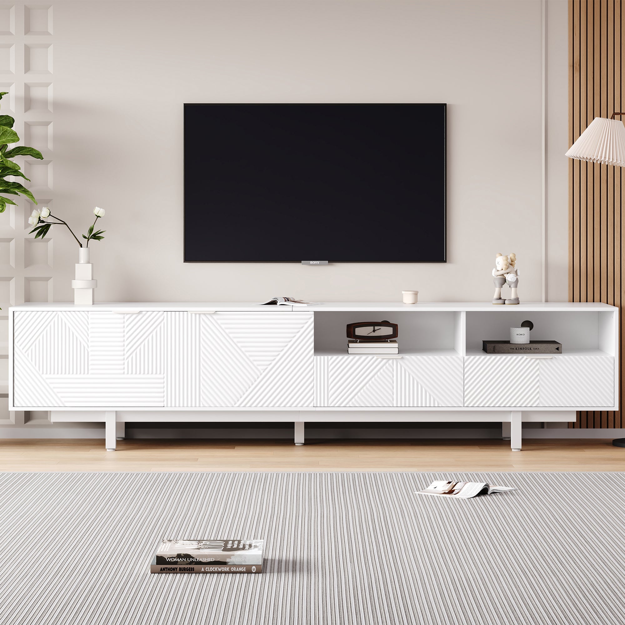 Czeska szafka RTV z 2 drzwiami i 2 szufladami - 200 x 40 x 51 cm - Płyta wiórowa - do jadalni - Biała