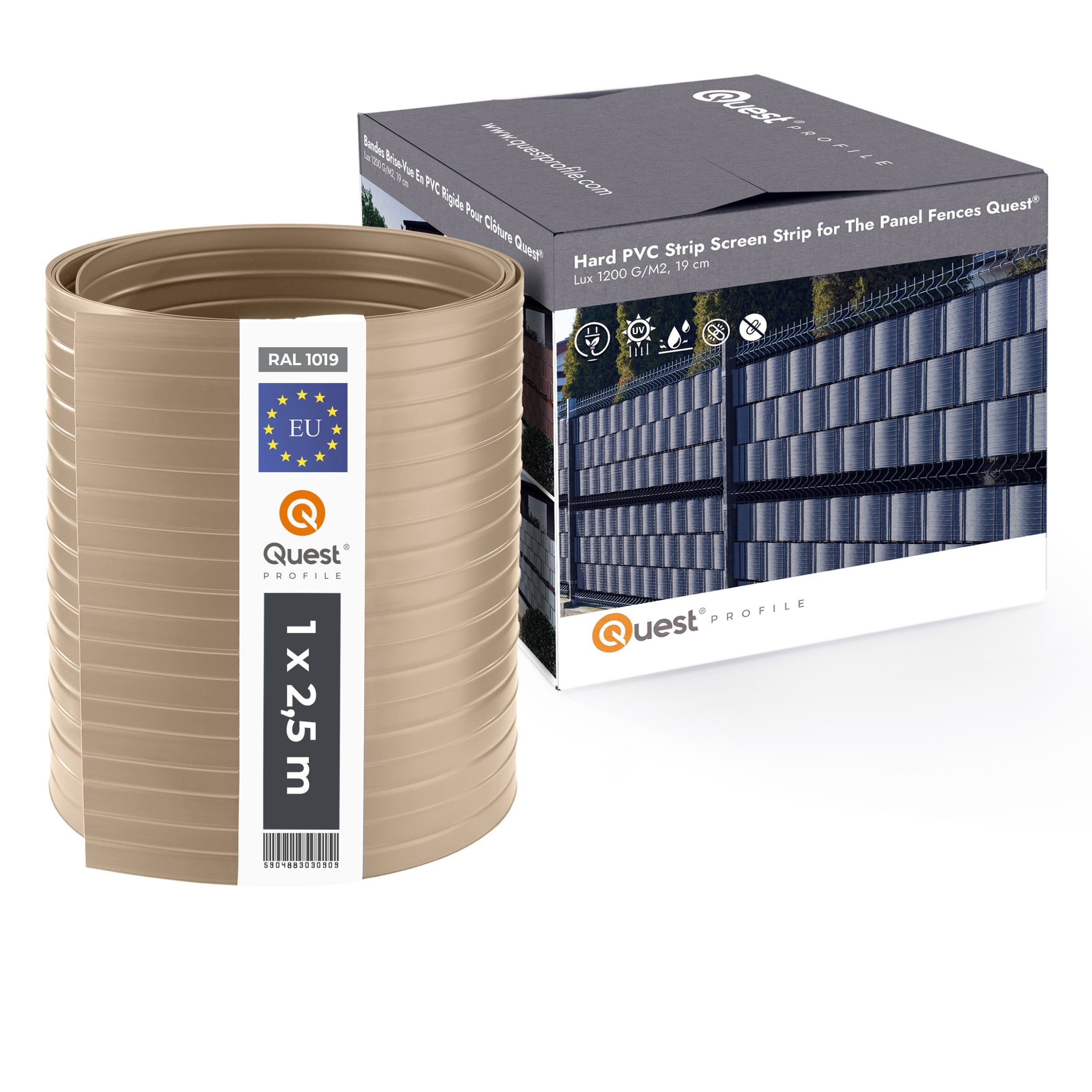 QUEST Taśma ogrodzeniowa PCV 19cm, listwa do ogrodzeń panelowych premium, 900 g/m2, RAL1019, beż, 2,525 m