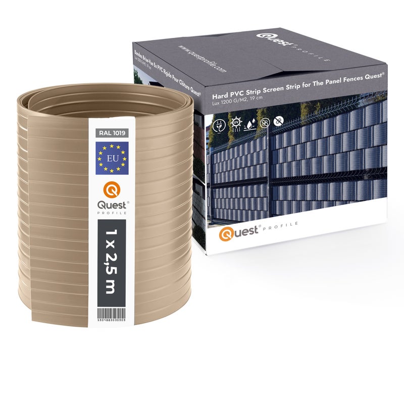 QUEST Taśma ogrodzeniowa PCV 19cm, listwa do ogrodzeń panelowych premium, 900 g/m2, RAL1019, beż, 2,525 m