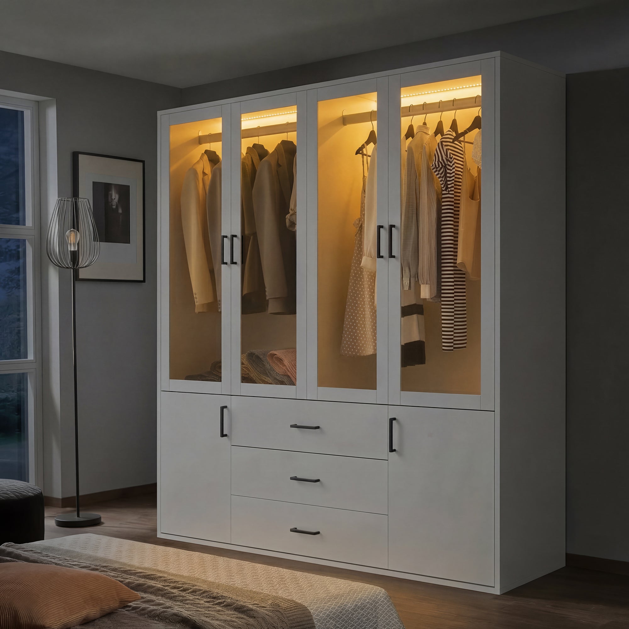Armoire Chambre avec éclairage LED,Armoire 6 Portes et 3 tiroirs Armoires 180 cm Meuble de Rangement avec 3 tiroirs Armoires de Rangement Chambre - 5