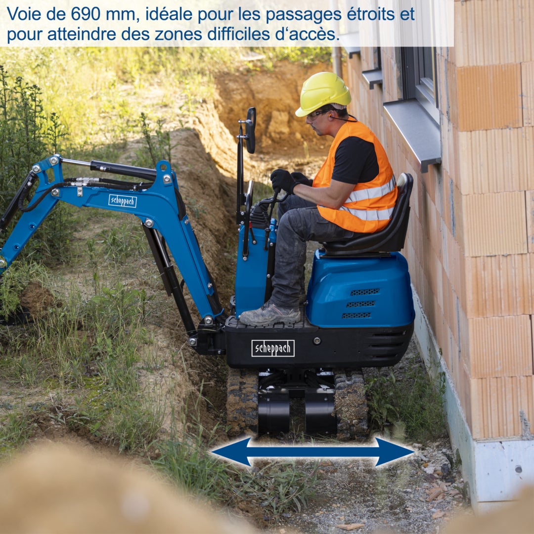 Scheppach Mini-pelle thermique EXC815 - moteur 4 temps 306 cm³ - 8,5 CV - 485/815 kg - plage de rotation 360° - hauteur de chargement max 1350 mm - 3