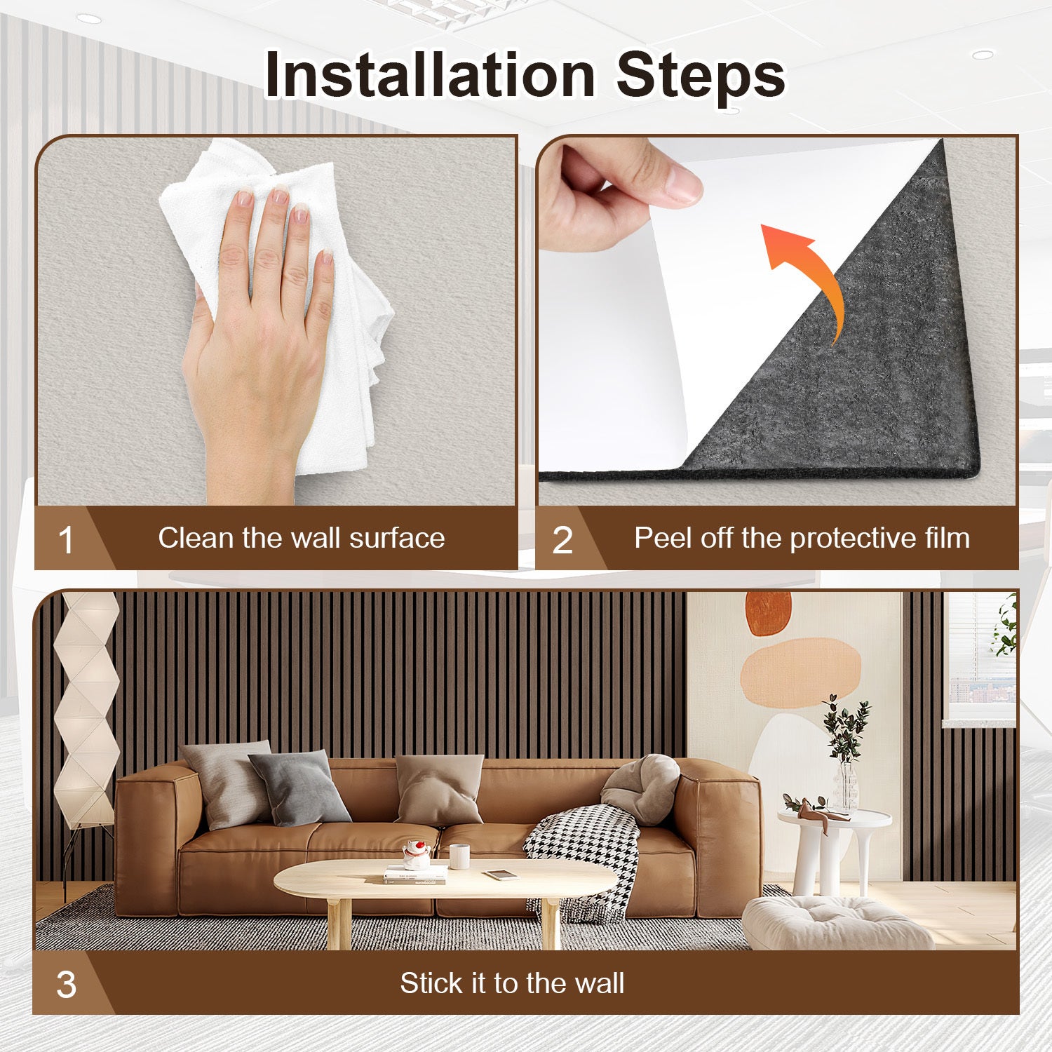 Lote de 4 paneles acústicos autoadhesivos para paredes listones MDF modernos de madera 120 x 60 x 2,1 cm - Panel MDF con chapa de madera de nogal - 5