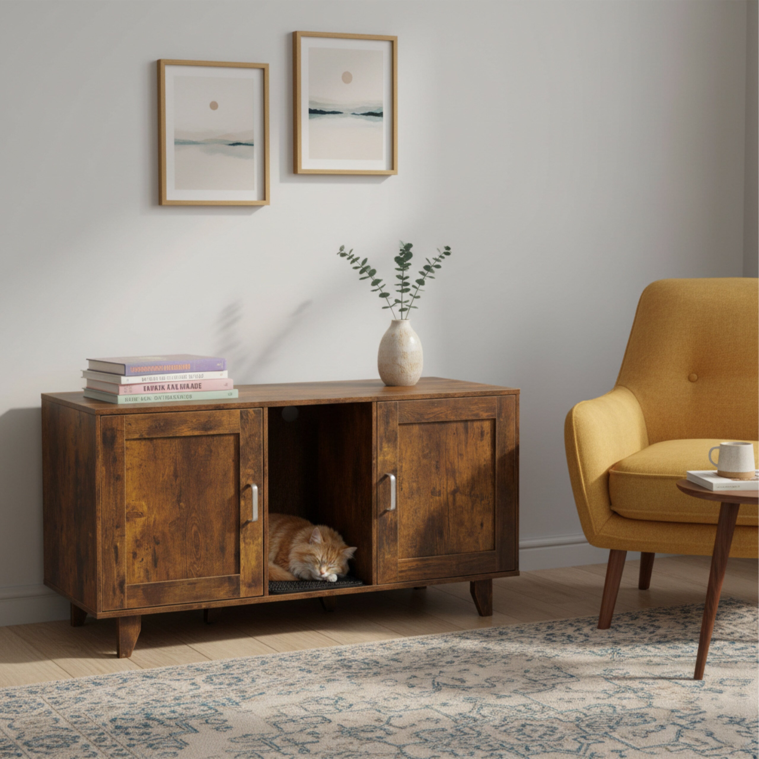 Armário para caixa de areia XXL com 2 compartimentos, casa para gatos com tapete, 65 x 120 x 52 cm, castanho vintage, Relaxdays - 2