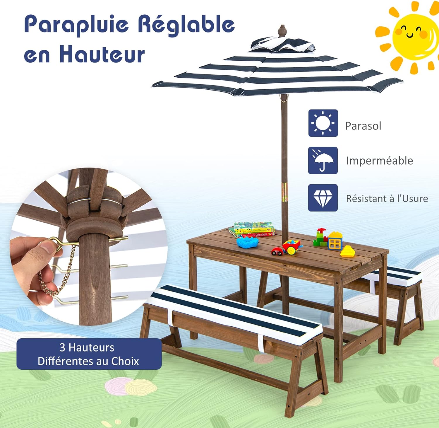 Mesa infantil de exterior, mesa de picnic infantil con sombrilla, mesa y banco de jardín, muebles de madera para 1-4 niños (azul) - 4