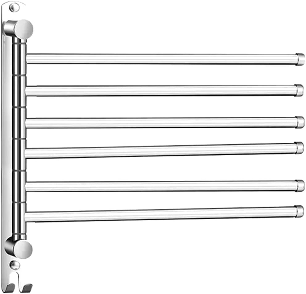 Obrotowy wieszak na ręczniki, 6-ramienny, ze stali nierdzewnej, montowany na ścianie z haczykami (srebrny)