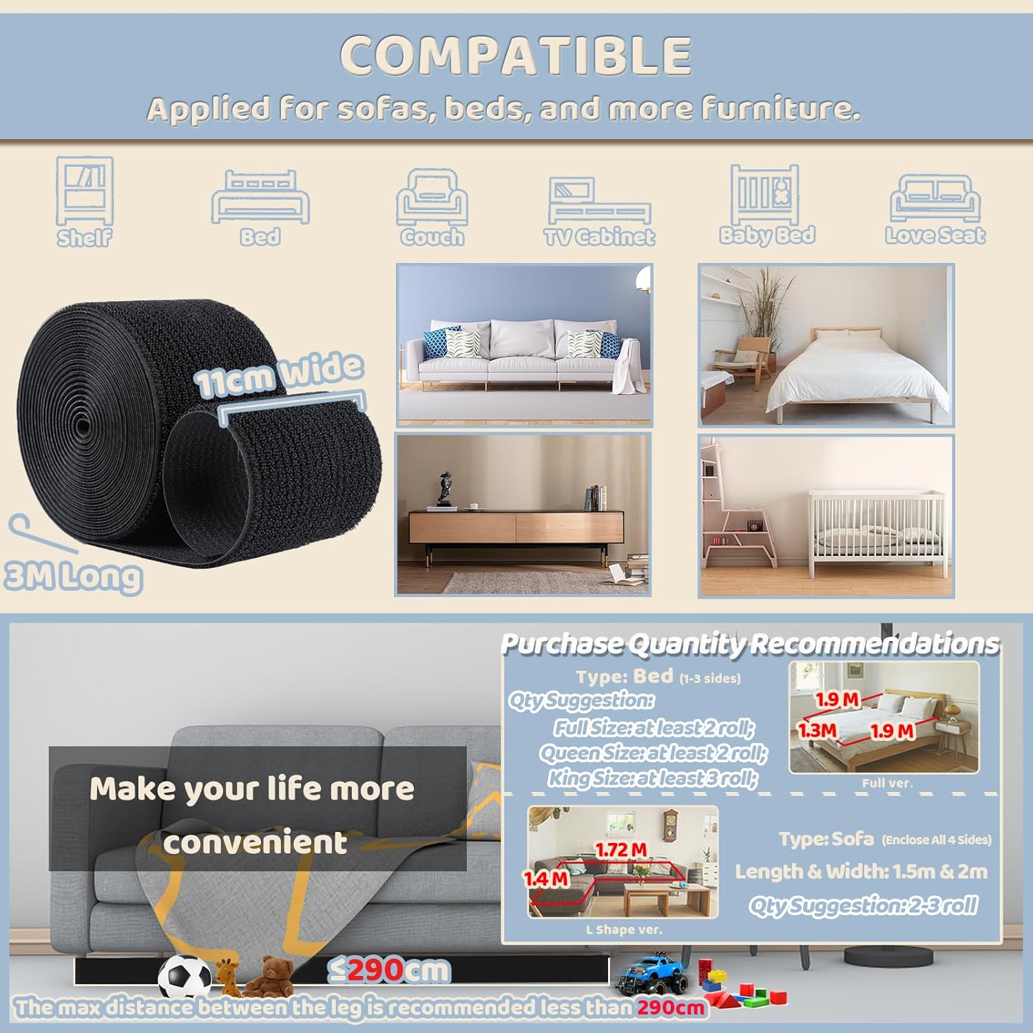 3 m Bloqueurs de pour sous Canapé et sous Lit, 11cm Under Couch Blocker pour Bébé & Animaux Planche de Blocage sous Les Meubles Réglable - 5