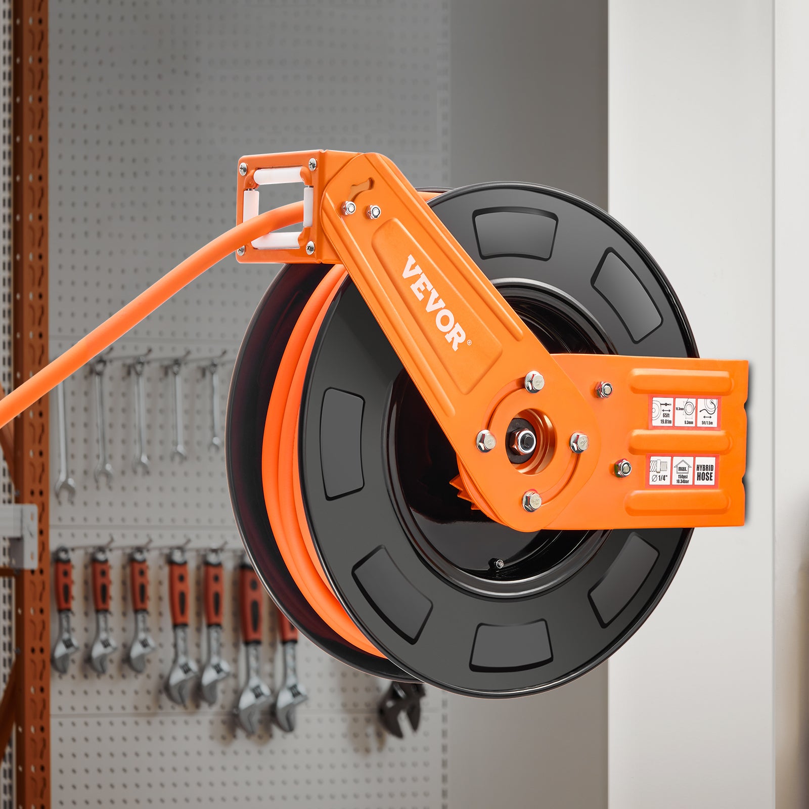 Enrouleur tuyau air comprimé hybride rétractable VEVOR 9,53 mm x 19,81 m,pression 300 PSI,rembobinage automatique,unique,montage plafond/mur - 8