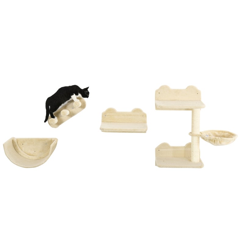 Mur D'Escalade Pour Chat - 4 Éléments (Tremplin + Arbres à Chat + Hamac) - Fixation Murale - Peluche Doudou - Pour Chats Jusqu'à 5 Kg