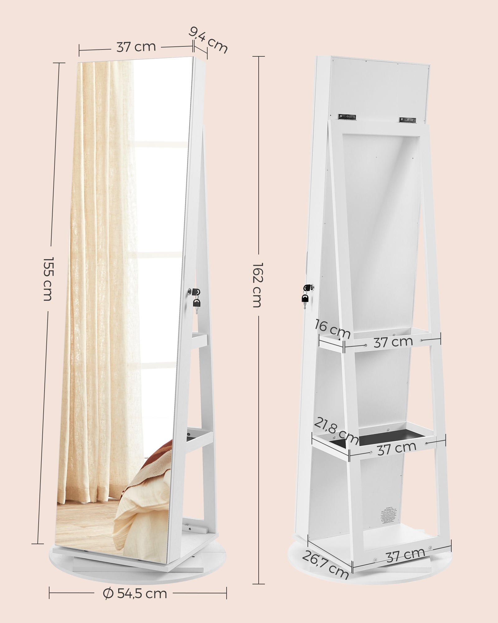 Armoire à Bijoux avec Miroir sur Pieds, avec 6 LED, Rangement Bijoux Pivotant à 360°, Miroir Psyché sans Cadre,Blanc Boisé - 5