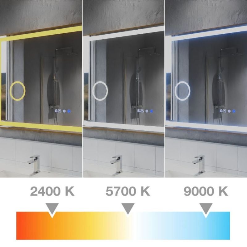 Miroir LED cadre doré CARA 120 cm x 70 cm - antibuée, horloge et loupe - 3