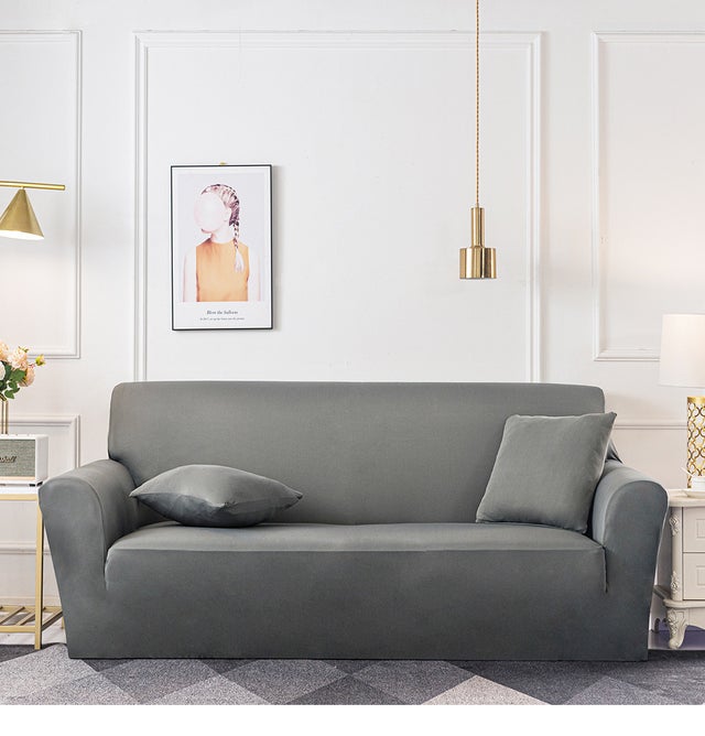 Housse De Canapé Velours Extensible 3/4 Places Avec Accoudoirs, Gris Clair