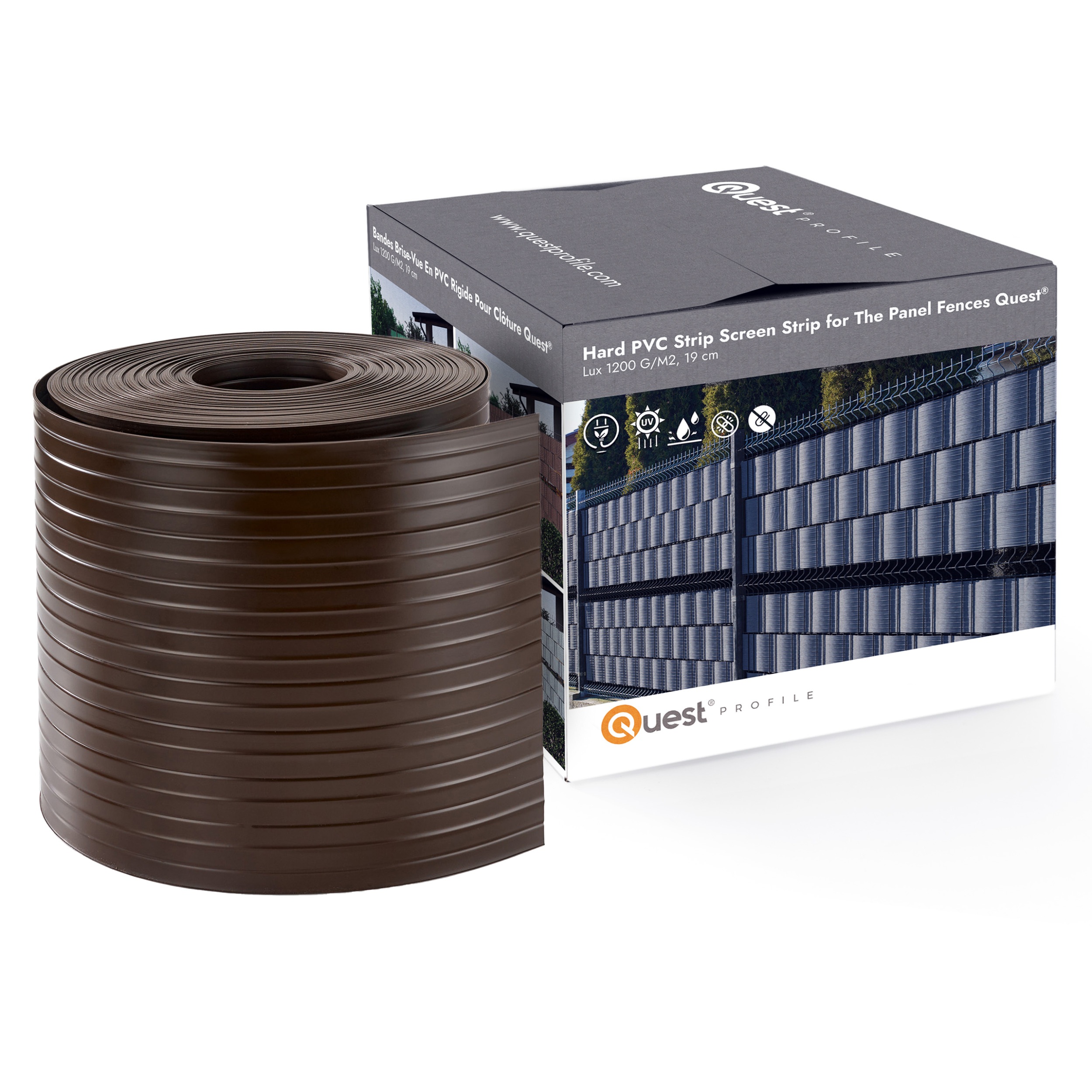 QUEST Taśma ogrodzeniowa PCV 19cm, listwa do ogrodzeń panelowych premium, 900 g/m2, RAL 8017, brąz, 26 m