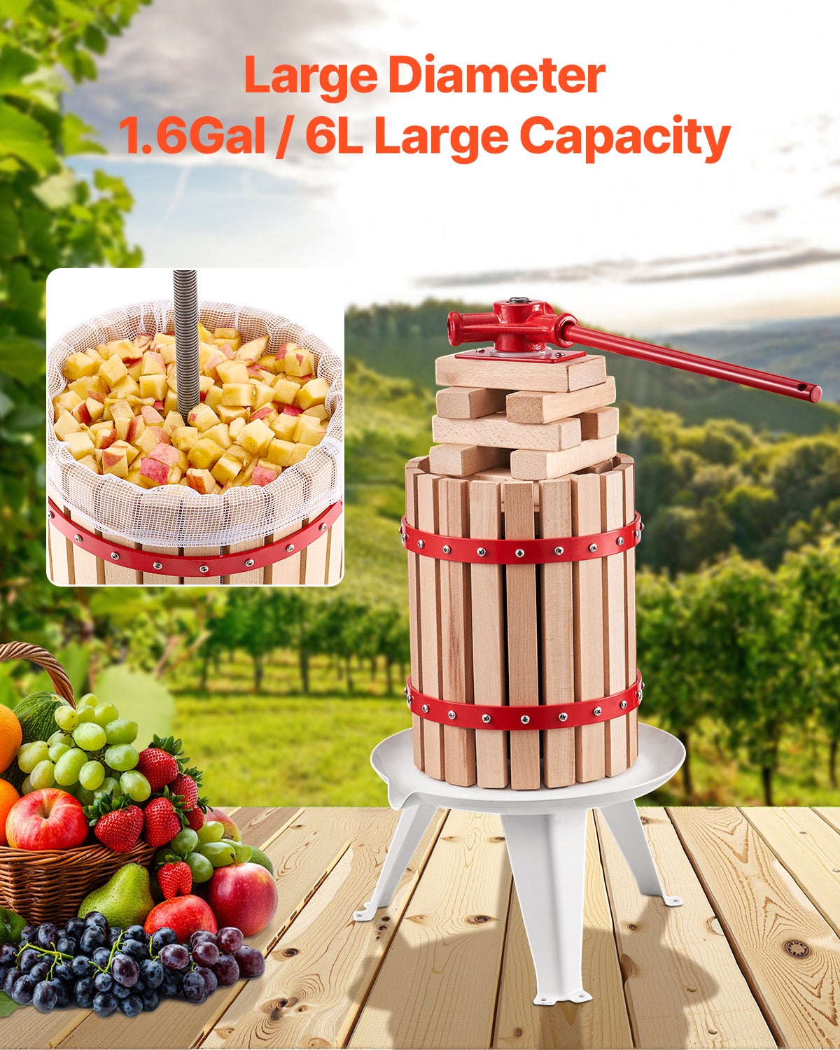 Prensa de Frutas e Vinho VEVOR 1,6 Gal/6L,Cesta de Madeira Maciça com 8 Blocos,Prensa Manual Robusta,para Sidra,Maçã,Uva,Casa - 5