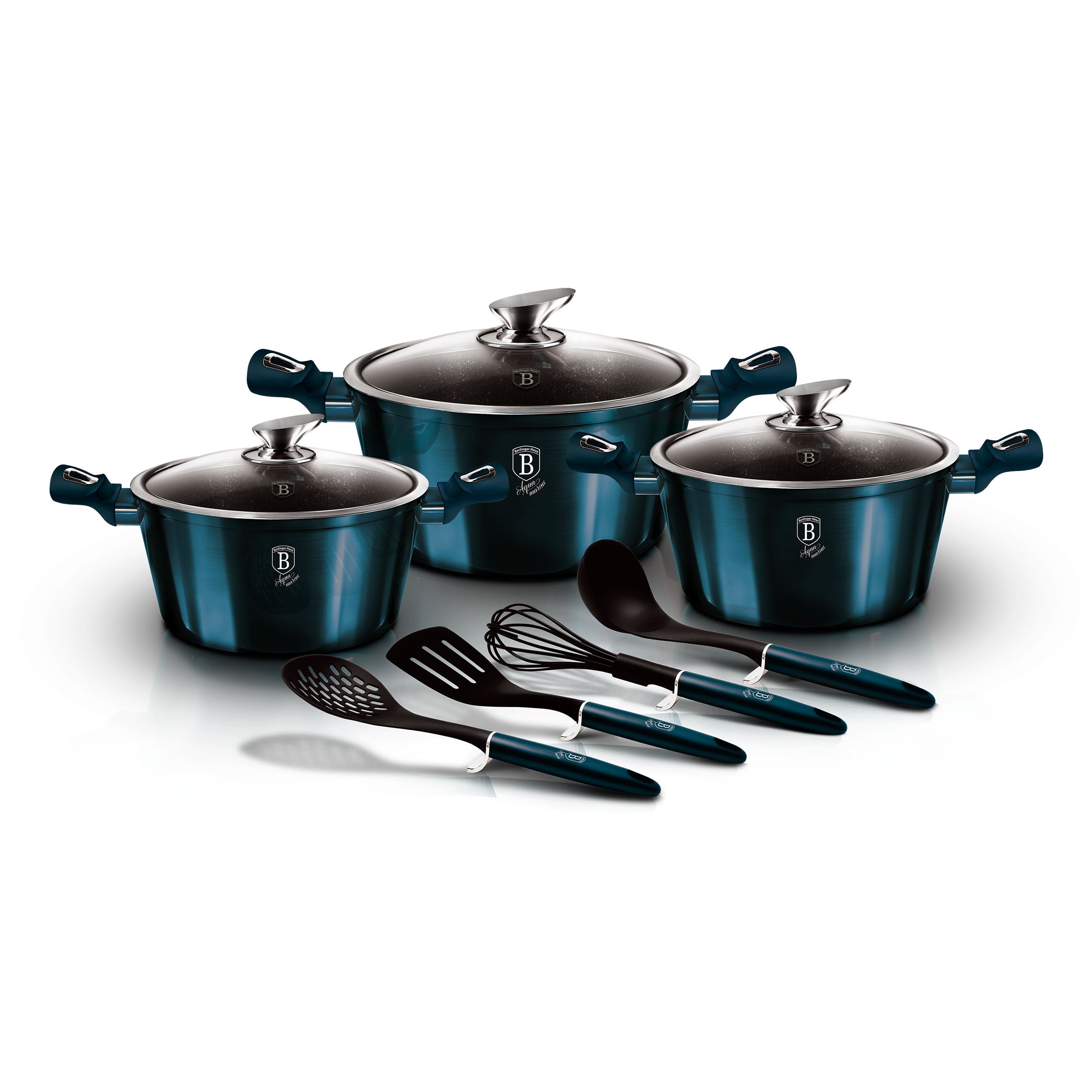 Set di 4 pentole in acciaio inox di alta qualità con coperchi in vetro
