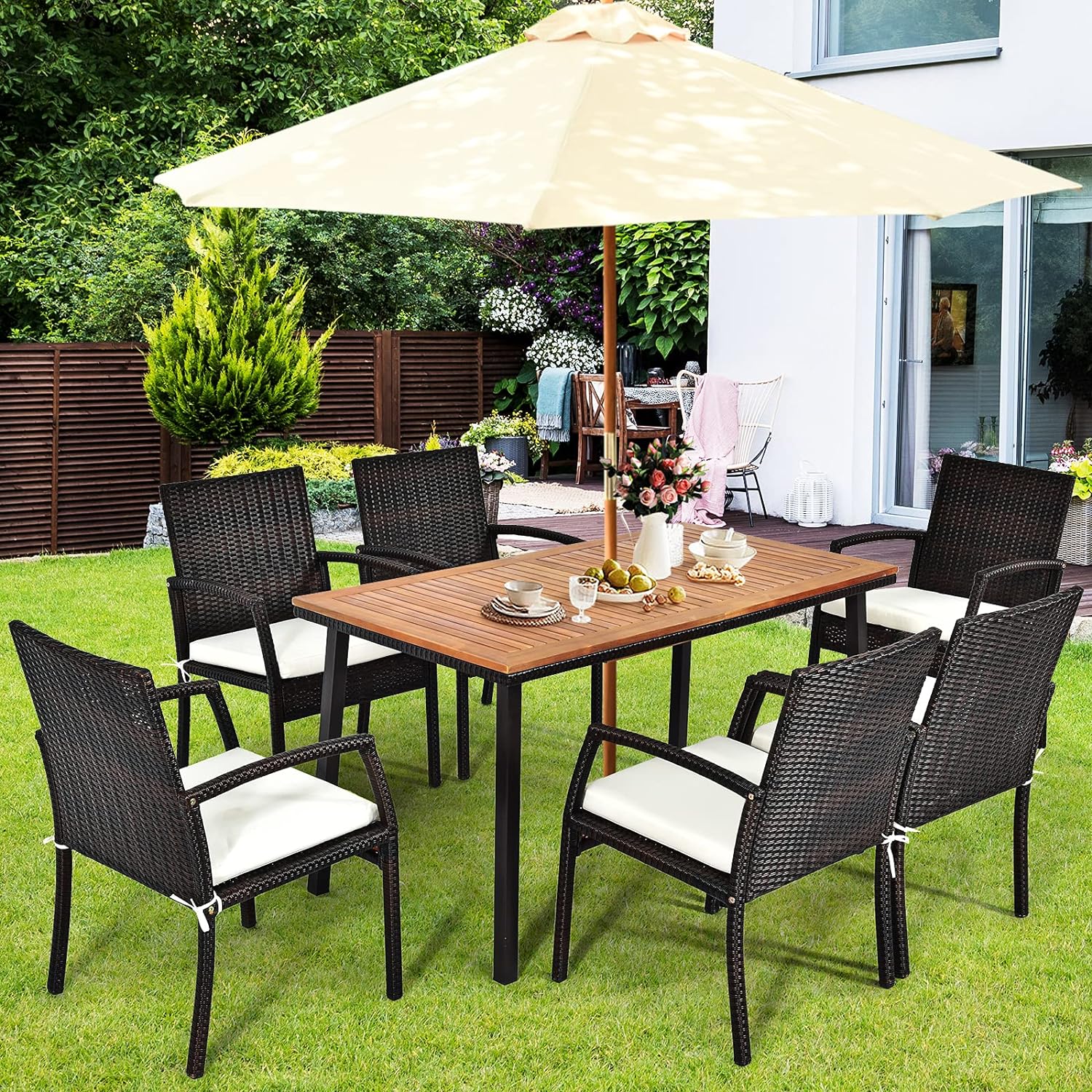 Table de Jardin en Acacia Massif Certifié FSC, avec Trou de Parasol, 140Lx75lx76H CM,Table à Manger d'Extérieur 6-8 Personnes, Naturel - 9
