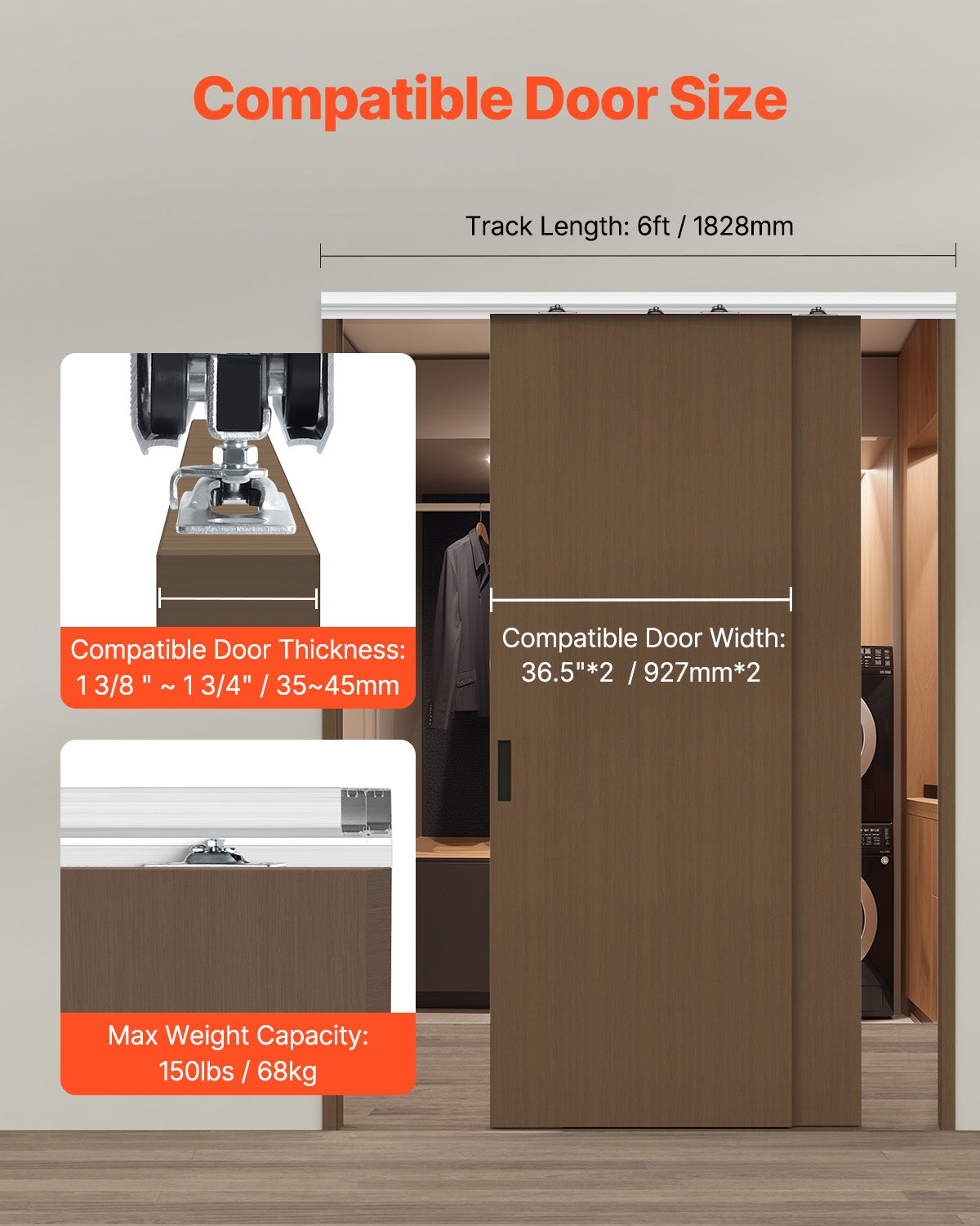 Zestaw prowadnic do drzwi przesuwnych, podwójne szyny, system drzwi przesuwnych 1828 mm VEVOR - 2