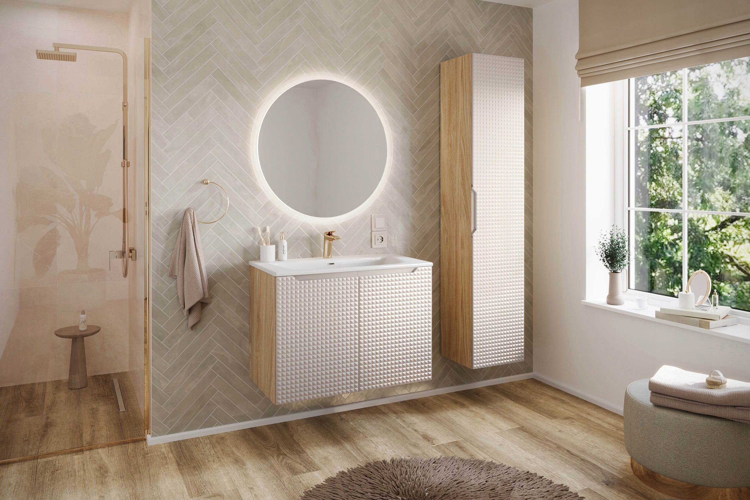Szafka łazienkowa LUXOR 70 cm beżowa dąb olejowany front 3D MDF z szufladami - 6