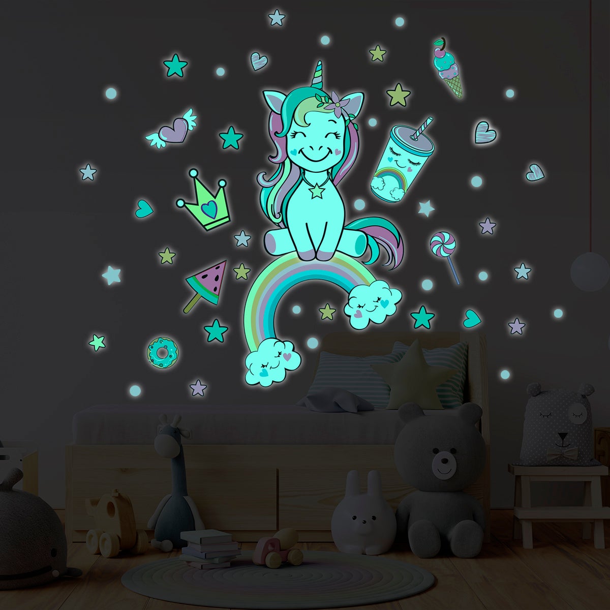 Adesivo fosforescenti unicorno regina delle prelibatezze - Sticker adesivo - adesivi murali - 90x90cm - 5