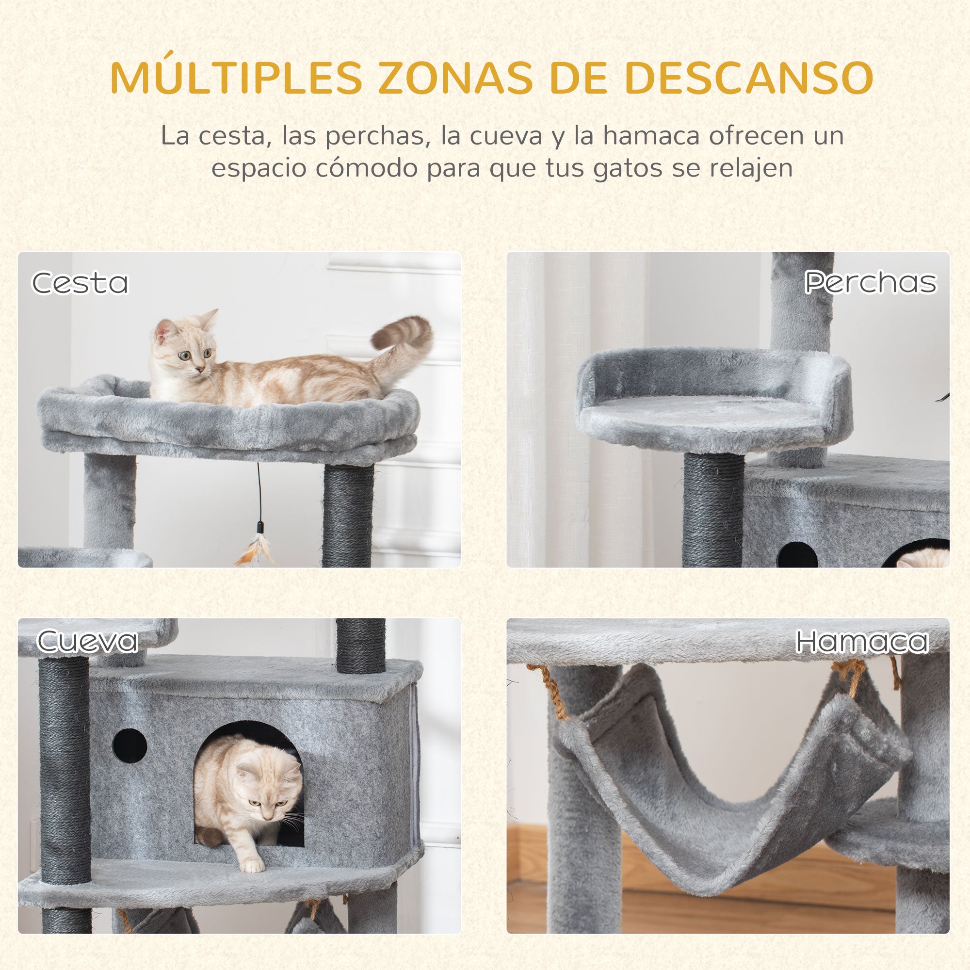 Arranhador para Gatos PawHut Cinzento Aglomerado de Madeira, Pelúcia, Sisal e Feltro 48x48x107cm - 6