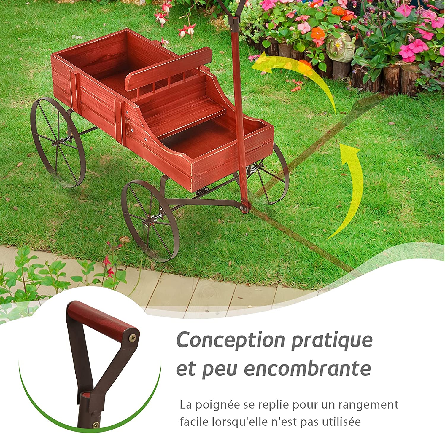 Brouette décorative avec 2 compartiments à planter roues métalliques poignée charge 15kg rouge - 4