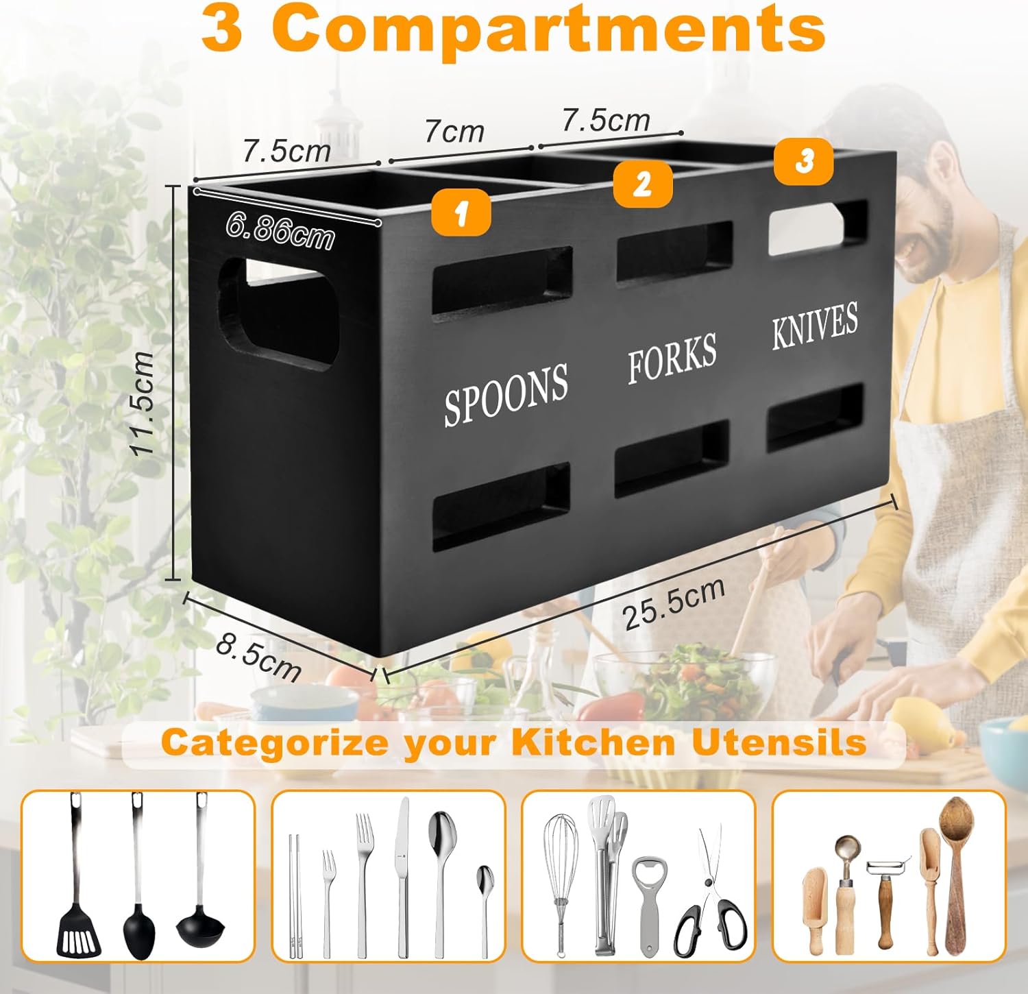 Porta Utensili Da Cucina In Bambù - Nero, 3 Scomparti, Con Fori Di Drenaggio E Maniglie, Organizer Da Banco O Parete - 4