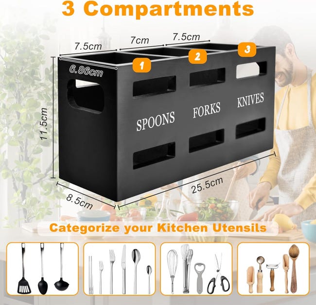 Karisky Grand Porte-Ustensiles De Cuisine 3 Compartiments En Bois Massif Blanc - Rangement Ferme Champêtre