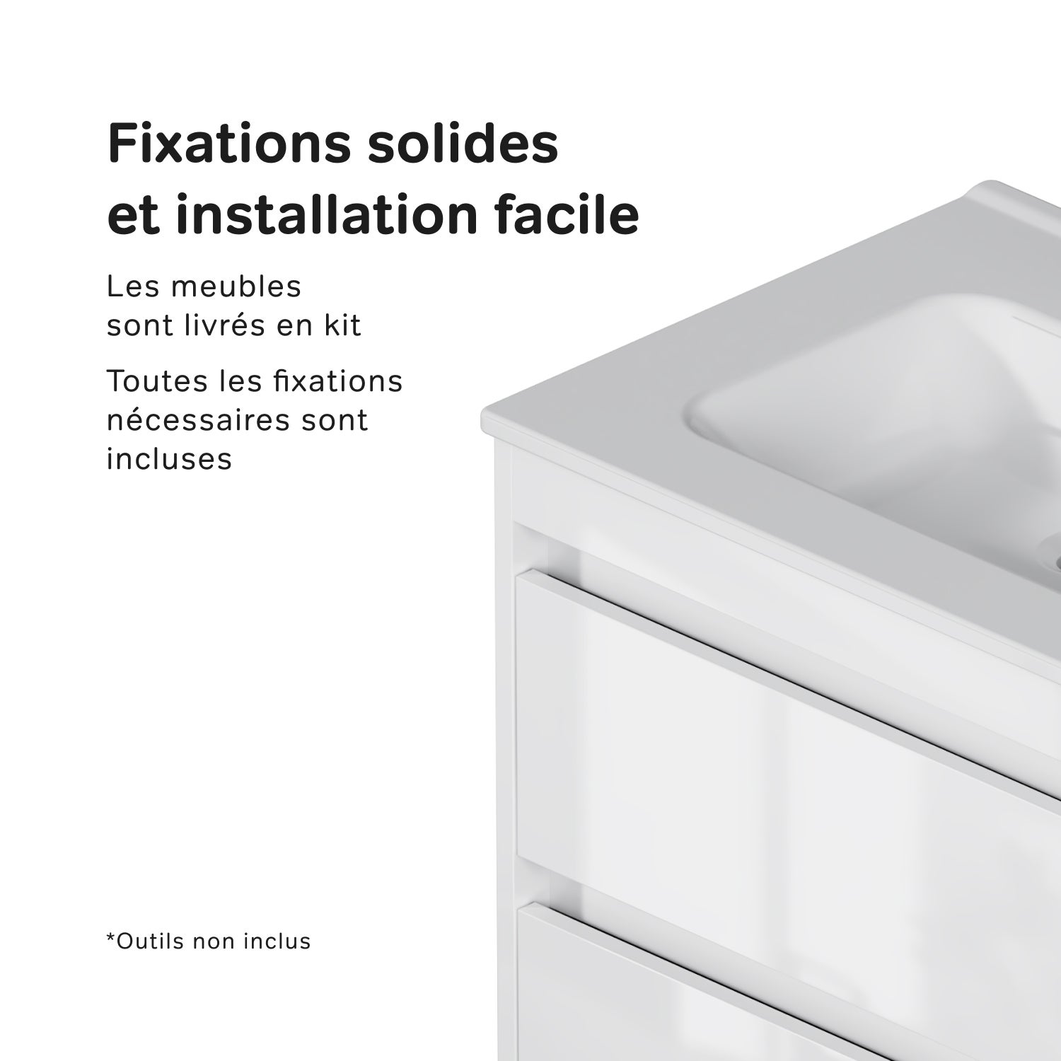 Meuble salle de bains avec Vasque en Céramique Meuble simple vasque suspendu 60cm effet bois clair avec lavabo intégré, 2 tiroirs, design, Blanc AM.PM - 10