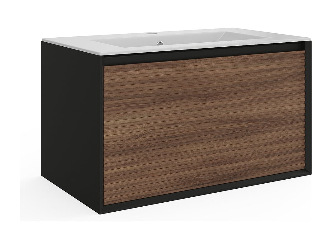 Szafka łazienkowa wisząca ryflowana z umywalką wpuszczaną w blat - Naturalny ciemny i czarny - 80 cm - BANIVA