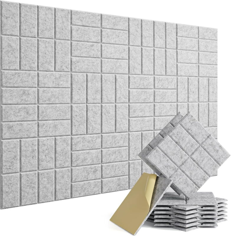 12 kwadratowych rowków, dźwiękochłonnych paneli ściennych, jasnoszarych, 30 x 30 cm (z klejem)