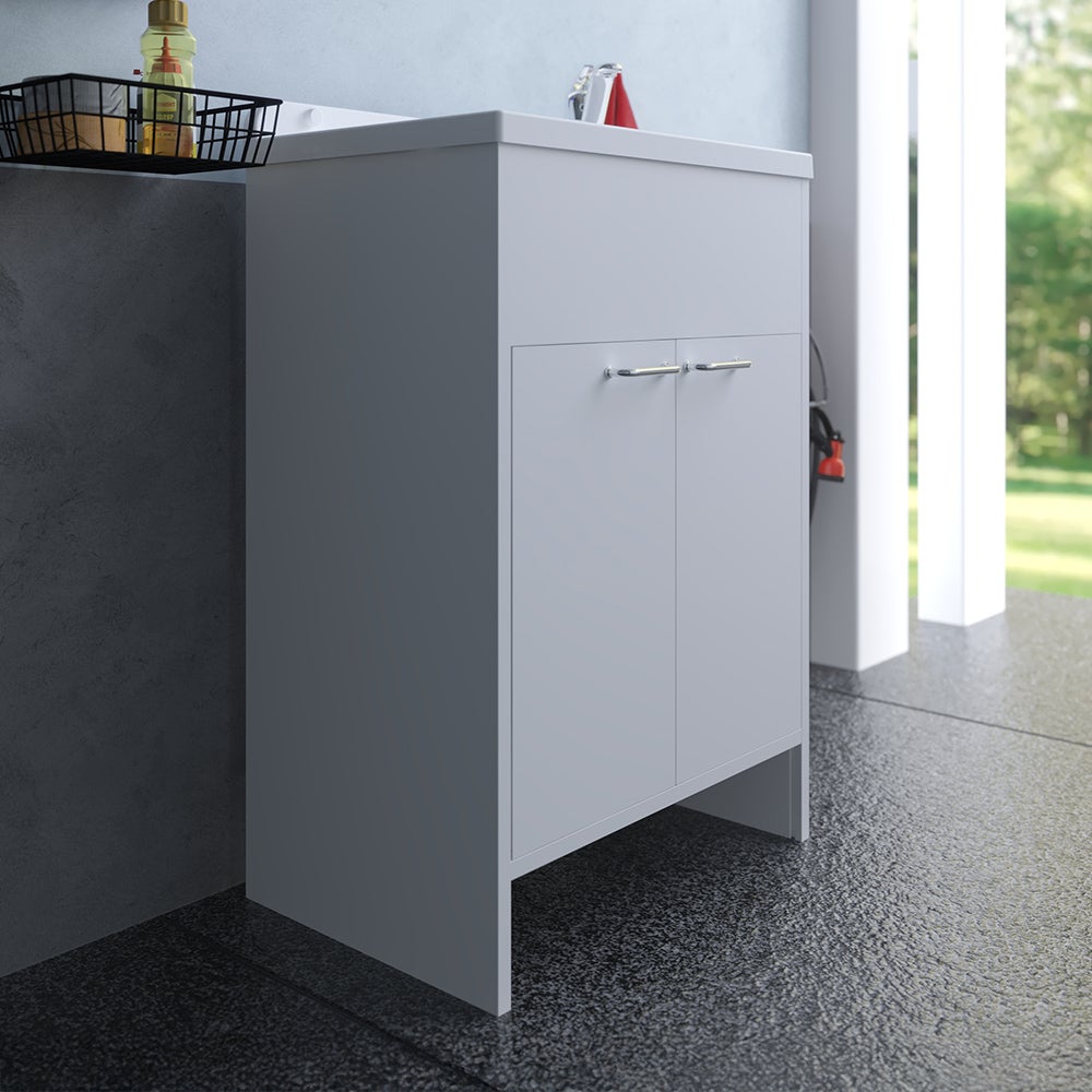 Meuble sous-évier gain de place en PVC blanc 58 cm avec vasque et bonde en inox - 4